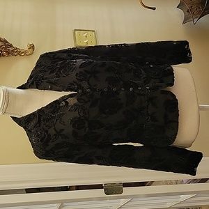 TALBOTS black flocked sparkly long sleeve peplum top 9 button closure 10P EUC…